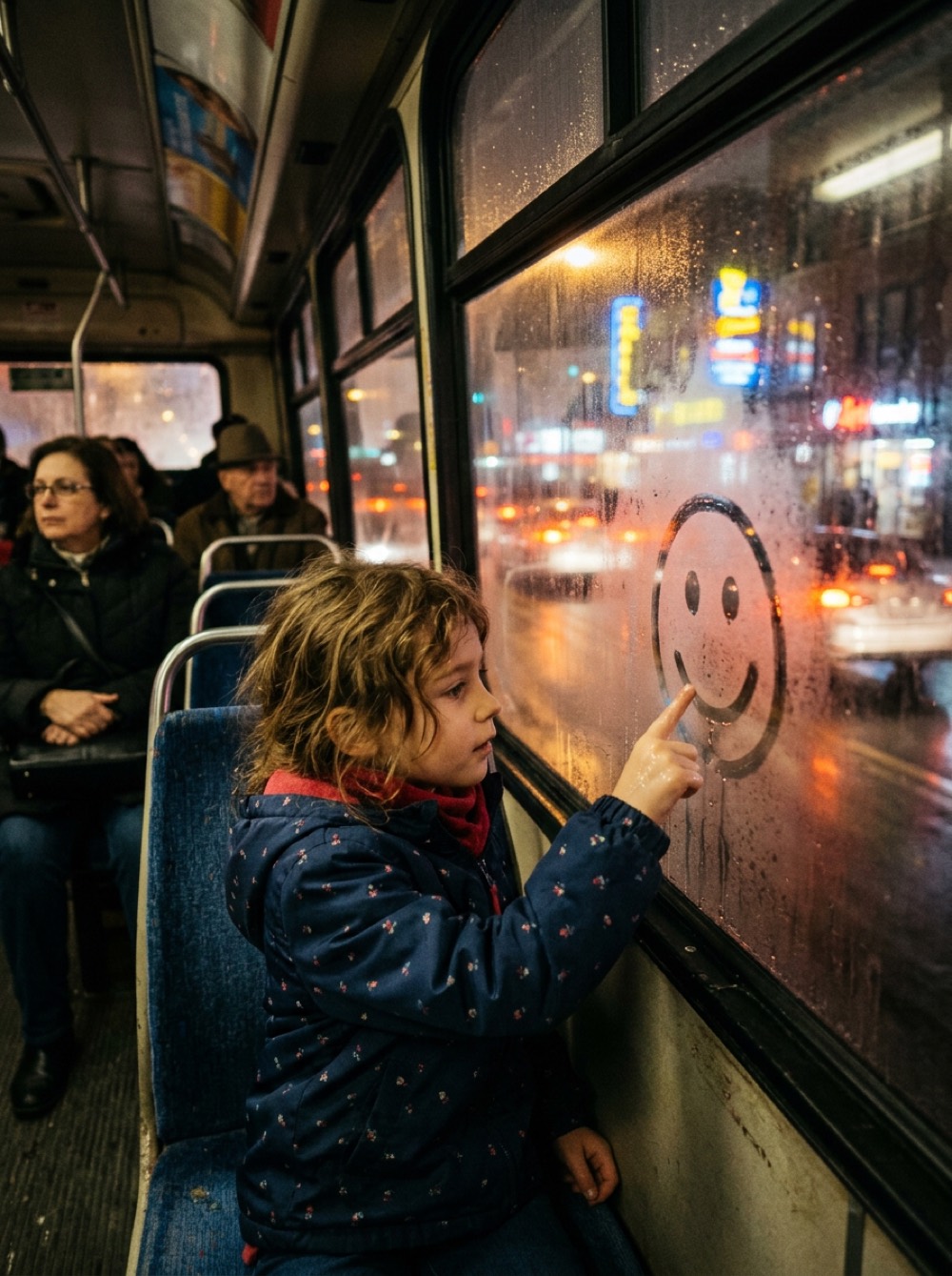 A child drawing on a fogged bus window