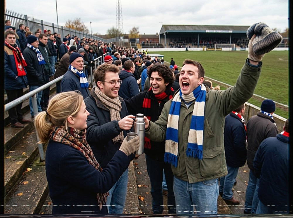 Friends cheering at a local match