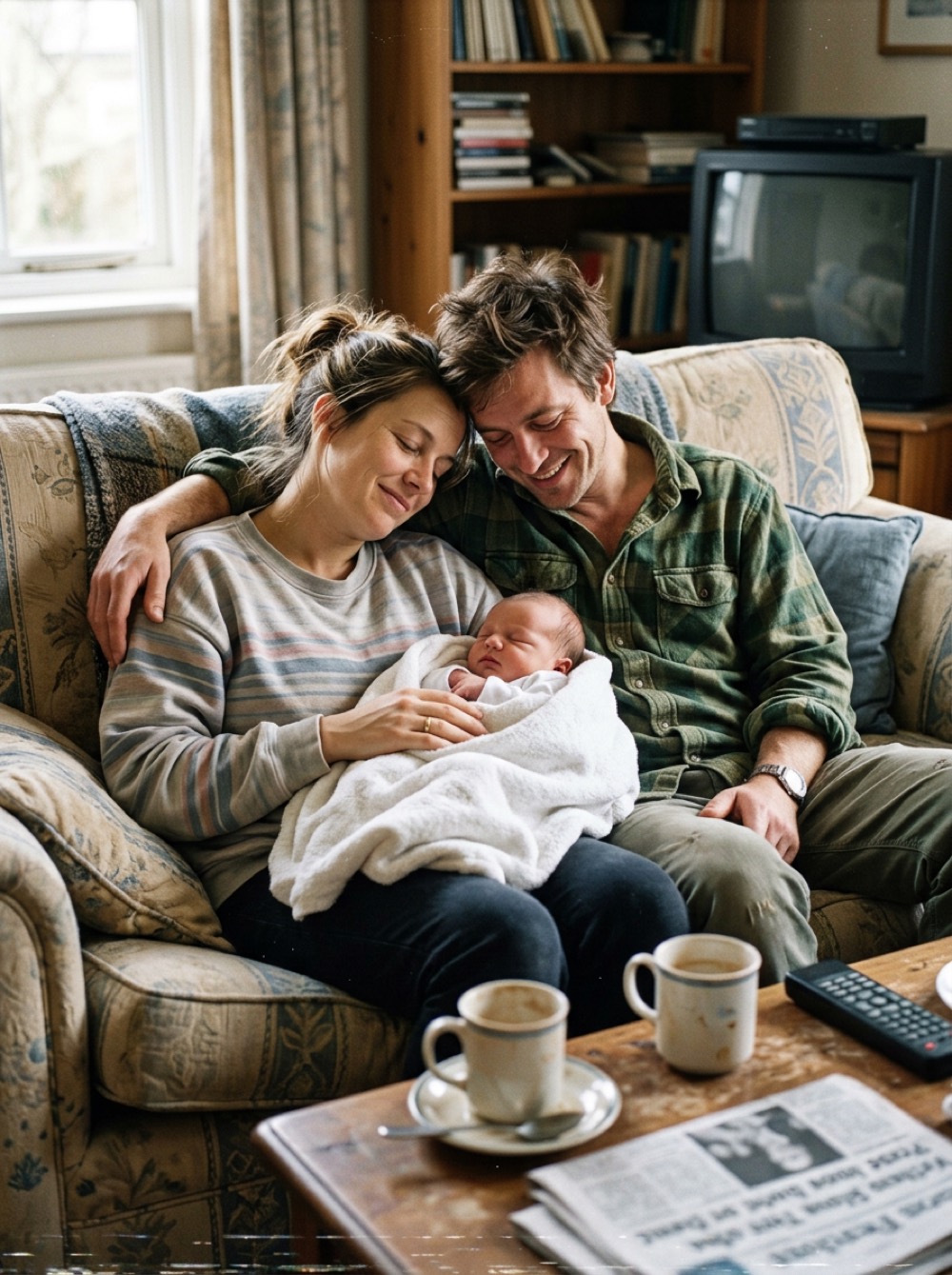 Parents with a newborn on a sofa