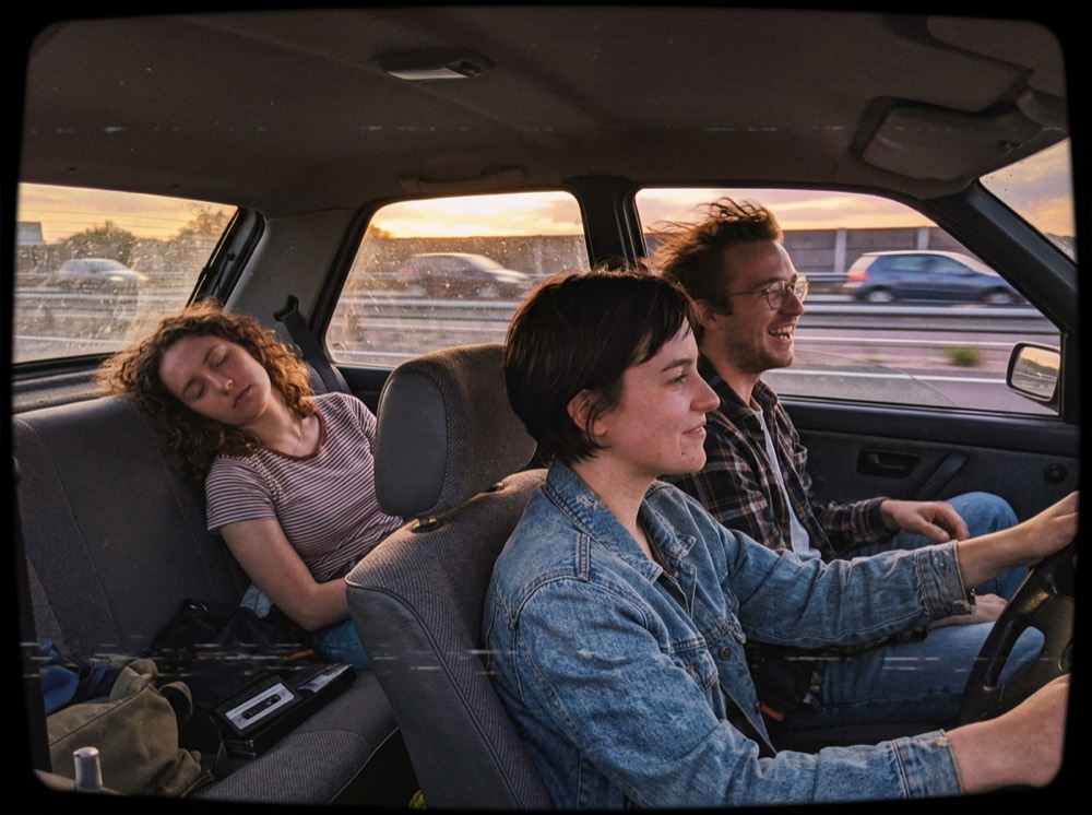 Friends in a car at golden hour