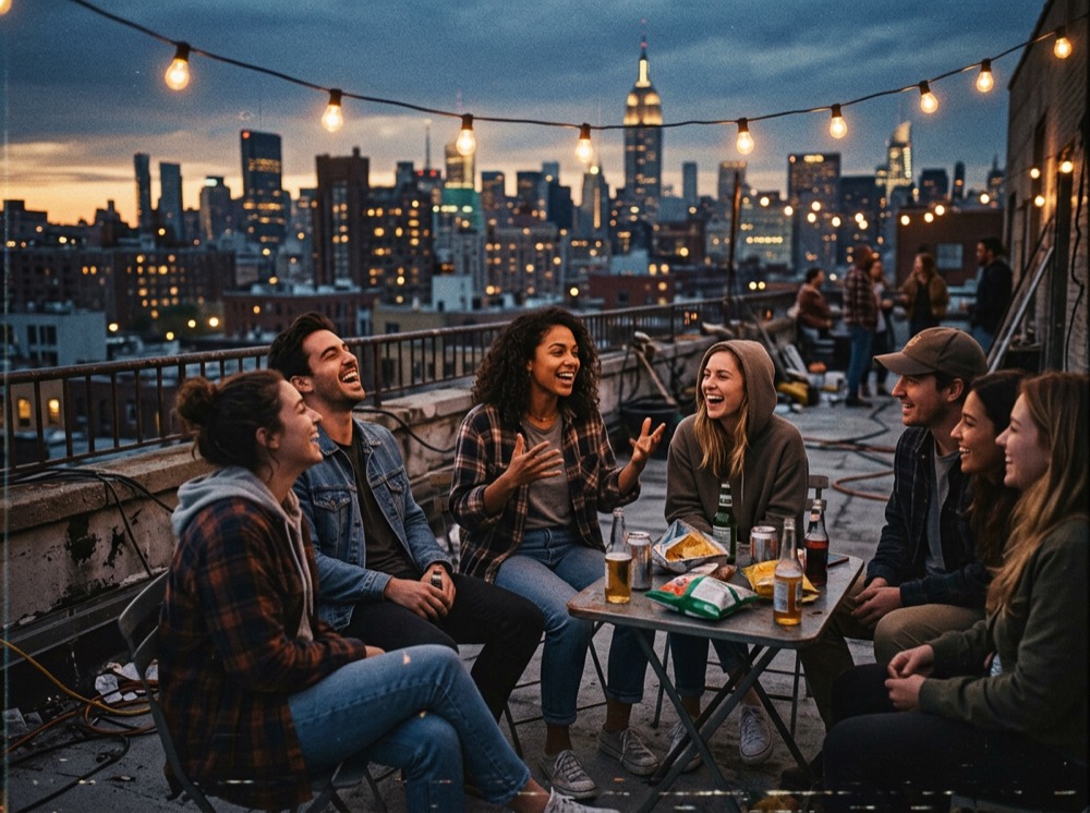 Friends on a rooftop at dusk