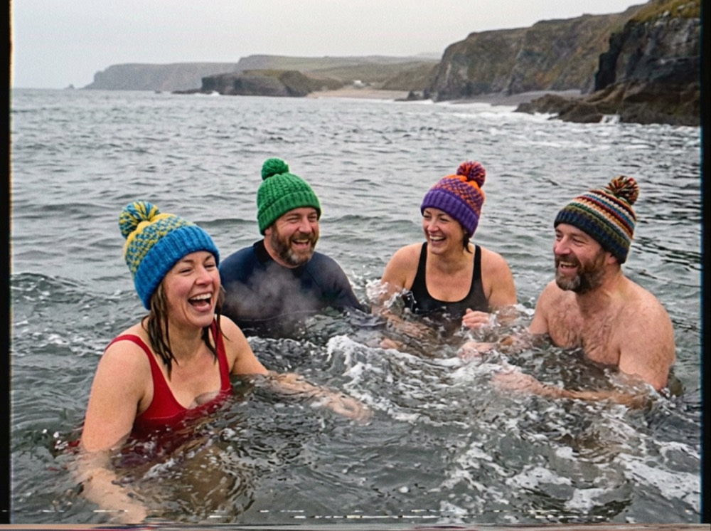 Winter sea swimmers laughing